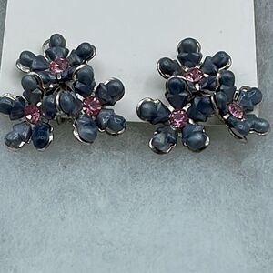 Vintage floral screwback style earrings in grey and pink rhinestones.